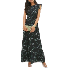 Black - Florals - Women Dresses Dorothy Perkins Tall Floral Chiffon Shirred Waist Midi Dress - Black