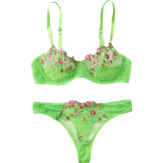 Green Lingerie Sets Shein Lingerie set with flower embroidery, mesh underwire