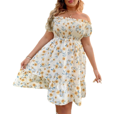 XL Dresses Shein WYWH Plus Floral Print Off Shoulder Shirred Ruffle Hem Dress