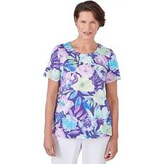 Alfred Dunner Women's Pleated Neck Floral Short Sleeve Tee