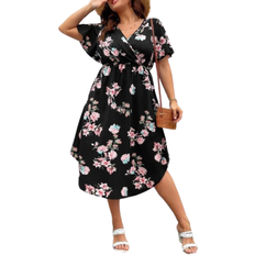 Black - Midi Dresses Shein VCAY Plus Floral Print Butterfly Sleeve Dress