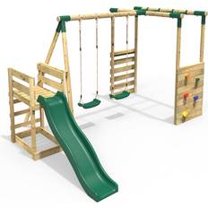 Rebo Wooden Swing Set with Monkey Bars Plus Deck & 6ft Slide