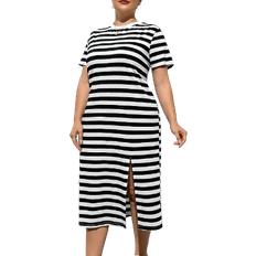 Shein Essnce Women's Plus Size Striped Loose Basic T-Shirt Dress With Side Slits, Spring And Summer