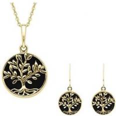 Gold Rings C. W. Sellors 9ct Gold Whitby Jet Round Leaves Tree of Life Two Piece Set