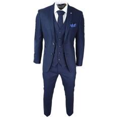 Men - Viscose Suits Paul Andrew Men's 3 Piece Birdseye Tweed Classic Suit - Navy Blue