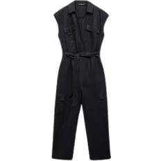 Linen Jumpsuits & Overalls Mango Women's Cargo Style Linen Jumpsuit - Black