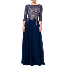 Betsy & Adam Brooklyn Long Embroidery 3/4 Sleeve Dress - Navy/Rose