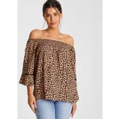 Grey - Women Blouses Quiz Leopard Print Bardot Top Stone