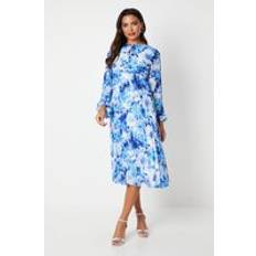 Blue - Short Dresses Coast Printed Blouson Sleeve Pleated Georgette Midi Dress Blue