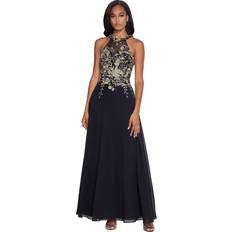 Betsy & Adam Petite Sleeveless Floral-Applique Illusion Gown Black/Gold 12P