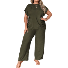 Shein LUNE Plus Size Women's Round Neck Short Sleeve Top With Side Drawstring And Pants Two Piece Set