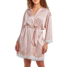 iCollection Women's Brillow Satin Striped Robe with Self Tie Sash and Trimmed in Lace Pink