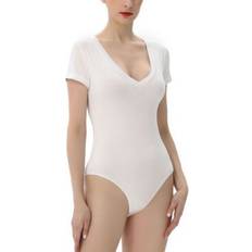 White Bodysuits Kimi + Kai Women's V-Neck Basic Bodysuit, White