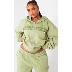 PrettyLittleThing Shape Khaki Embroidery Washed Zip Through Hoodie, Green