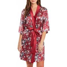 Red Robes iCollection Women's Jenna Contrast Satin Floral Robe with Self Tie Sash, Piece Burgundy