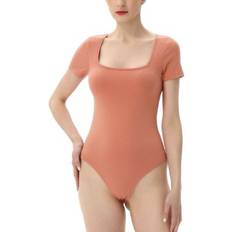 Kimi + Kai Women's Square Neck Basic Bodysuit, Coral, Dusty Coral