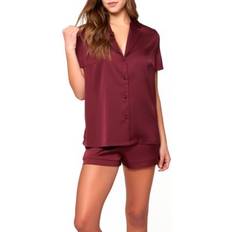 iCollection Women's Forrest Stretch Satin Camp Shirt and Short Set Burgundy