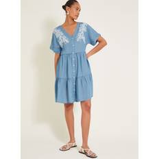 Monsoon Lacy Embroidery Detail Tiered Dress, Denim Blue