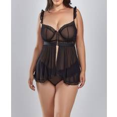 Lingerie Sets iCollection Plus Jasmine Piece Soft Cup Mesh Babydoll with Lace Trim Lingerie Set Black 3X