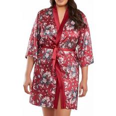 Red Robes iCollection Jenna Plus Contrast Satin Floral Robe with Self Tie Sash, Piece Burgundy 1X