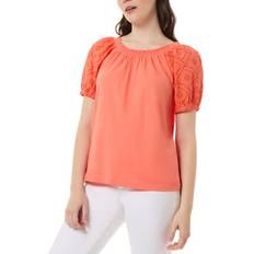 Jones New York Petite Embroidered-Sleeve Smocked-Neck Top Coral Sun PXS