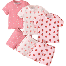 Shein 6pcs/pack Baby Girls' Casual & Comfortable Strawberry & Flower Printed Short Sleeve T-shirt And Shorts Set For Daily Wear And Home