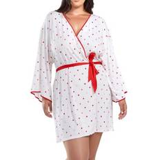 Red Robes iCollection Kyley Plus Heart Print Robe with Contrast Self Tie Sash and Red Trim White-Red 3X