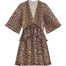 Ganni Leopard Pleated Georgette V-neck Flounce Mini Dress - Almond Milk