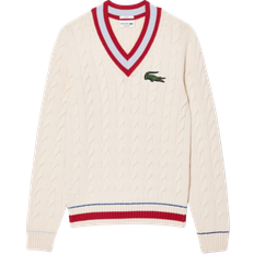 Lacoste Cable Knit V Neck Sweater Unisex - White/Bordeaux/Light Blue