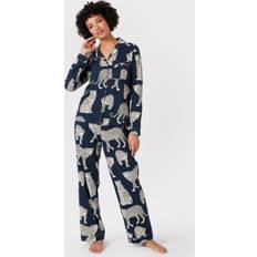 Chelsea Peers Organic Cotton Leopard Long Pyjama Set, Navy