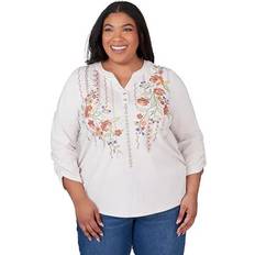 Alfred Dunner Plus Falling Floral Front Embroidery Henley Top