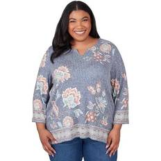 Alfred Dunner Plus Floral Border Split Neck Top