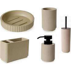 Textured 5 Pcs Dish Toothbrush Dispenser Tumbler Toilet Brush Holder Set - Almond