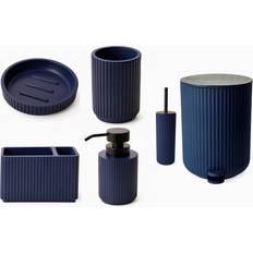 Textured 6 Pcs Dish Toothbrush Dispenser Tumbler Brush & Bin Set - Blue