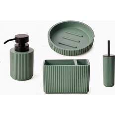 Textured 4 Pcs Dish, Toothbrush, Dispenser Toilet Brush Holder Set - Green