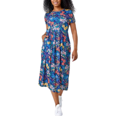 Roman Petite Floral Print Midi Stretch Dress - Navy