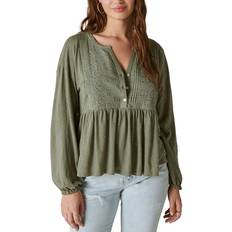 Lucky Brand Beaded Embroidered Pintuck Peplum Top - Balsam Green