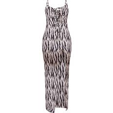 PrettyLittleThing Zebra Print Asymmetric Tie Strappy Midaxi Dress - Monochrome