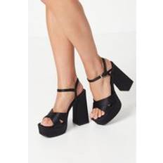 Faith Olivia Satin Platform High Block Heeled Sandals Black