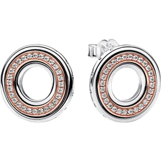 Pandora Signature Two Tone Logo & Pavé Stud Earrings - Silver/Rose Gold/Transparent