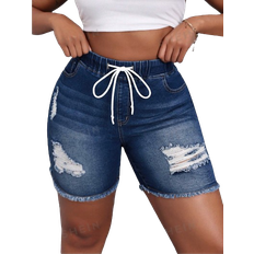 Shein Sxy Plus Size Distressed Drawstring Denim Shorts Suitable For Daily Wear