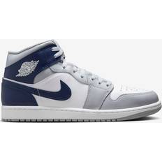 Men - Nike Air Jordan 1 Trainers Nike Air Jordan 1 Mid - White/Wolf Grey/Midnight Navy