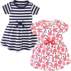 Touched By Nature Girls Cotton Short-Sleeve Dresses 2pk, Yellow Garden Blue Pink 9-12 months