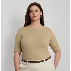 Slim - Women Blouses Ralph Lauren Stretch Cotton Boatneck Top in Birch Tan 3X 3X