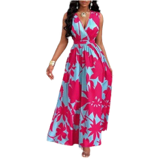 Shein Slayr Tropical Print Deep V Neckline Cinched Waist Fit And Flare Dress