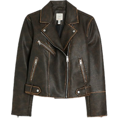 River Island Faux Leather Distressed Biker Jacket - Brown