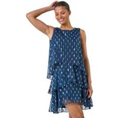 Blue - Short Dresses Roman Shimmer Foil Print Tiered Dress Navy