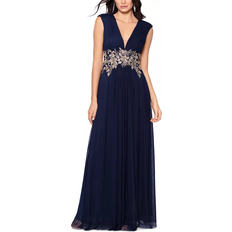 Betsy & Adam Flora Applique Deep V-Neck Chiffon Gown - Navy Gold