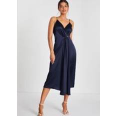 Slim - Women Dresses Quiz Navy Satin Buckle Front Midaxi Dress Blue