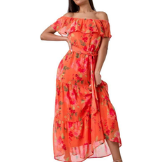 Roman Floral Tiered Bardot Belted Dress - Orange